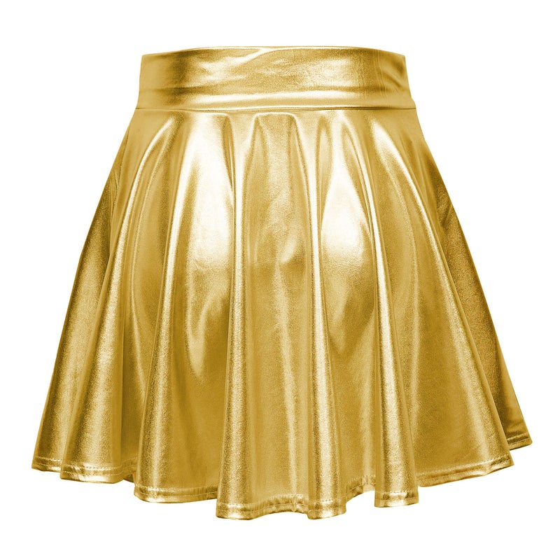 EXCHIC Women's Shiny Metallic Wet Look Stretchy Flared Mini Skater Skirt (S, Gold) - Image 2